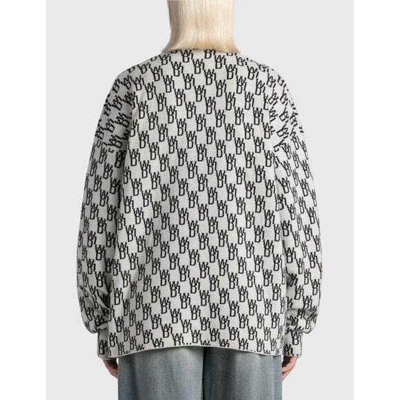 WE11DONE WD1 White Black Logo Wool Cashmere Jacquard Cardigan Sweater, Size S - Picture 3 of 16